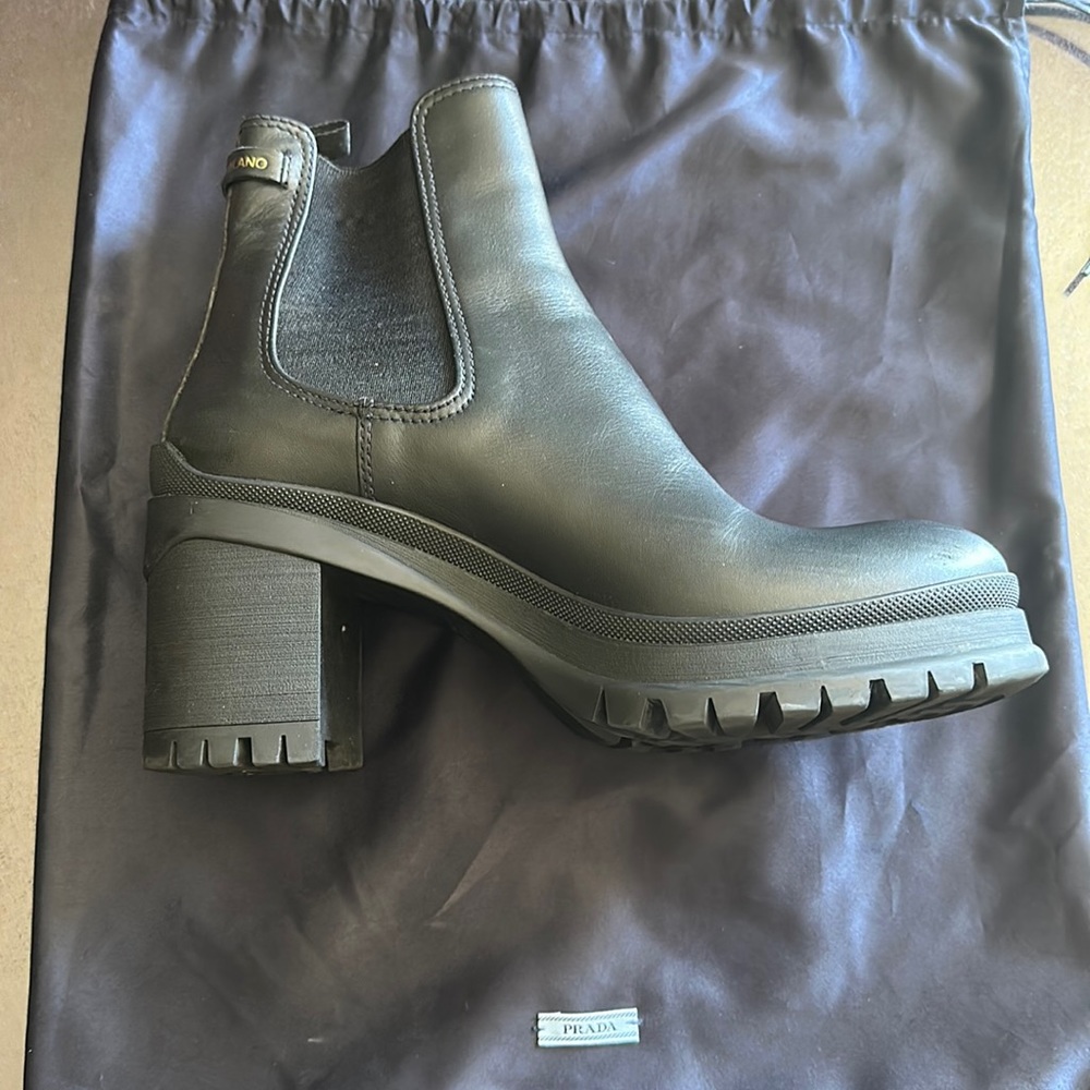 Black Prada Women’s Leather Lug Sole Chelsea Boots